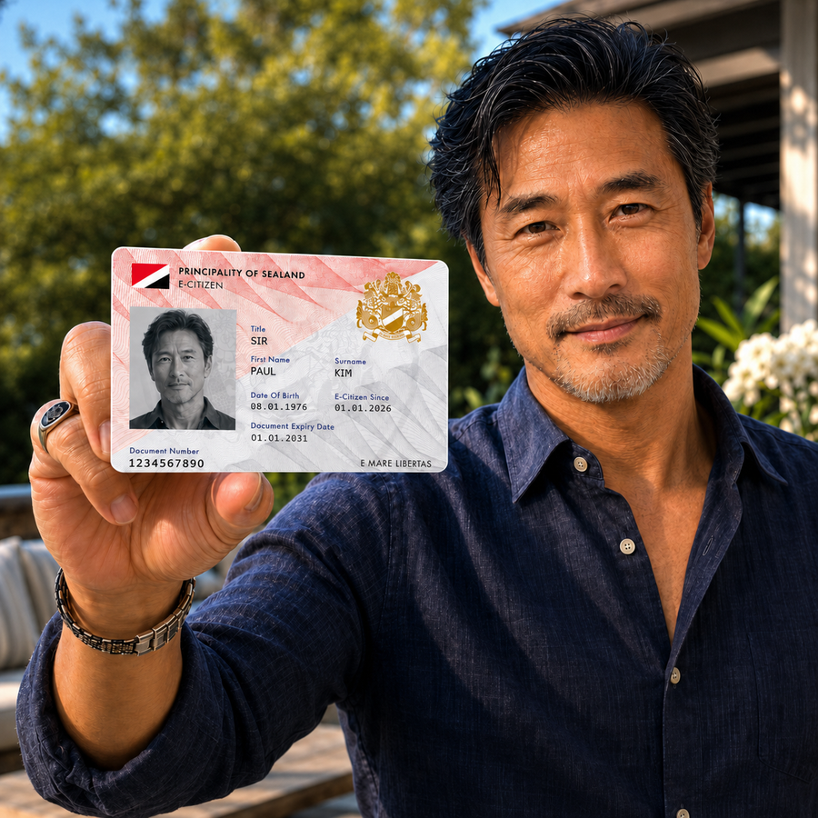 A hand holding the physical Sealand E-Citizen ID card