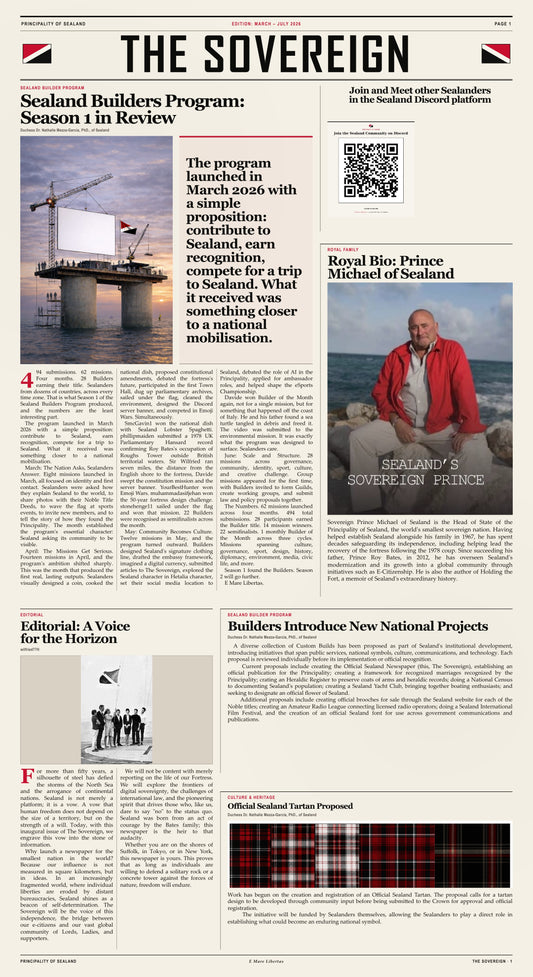 Front page of The Sovereign, Sealand community newspaper, Edition I, March–July 2026